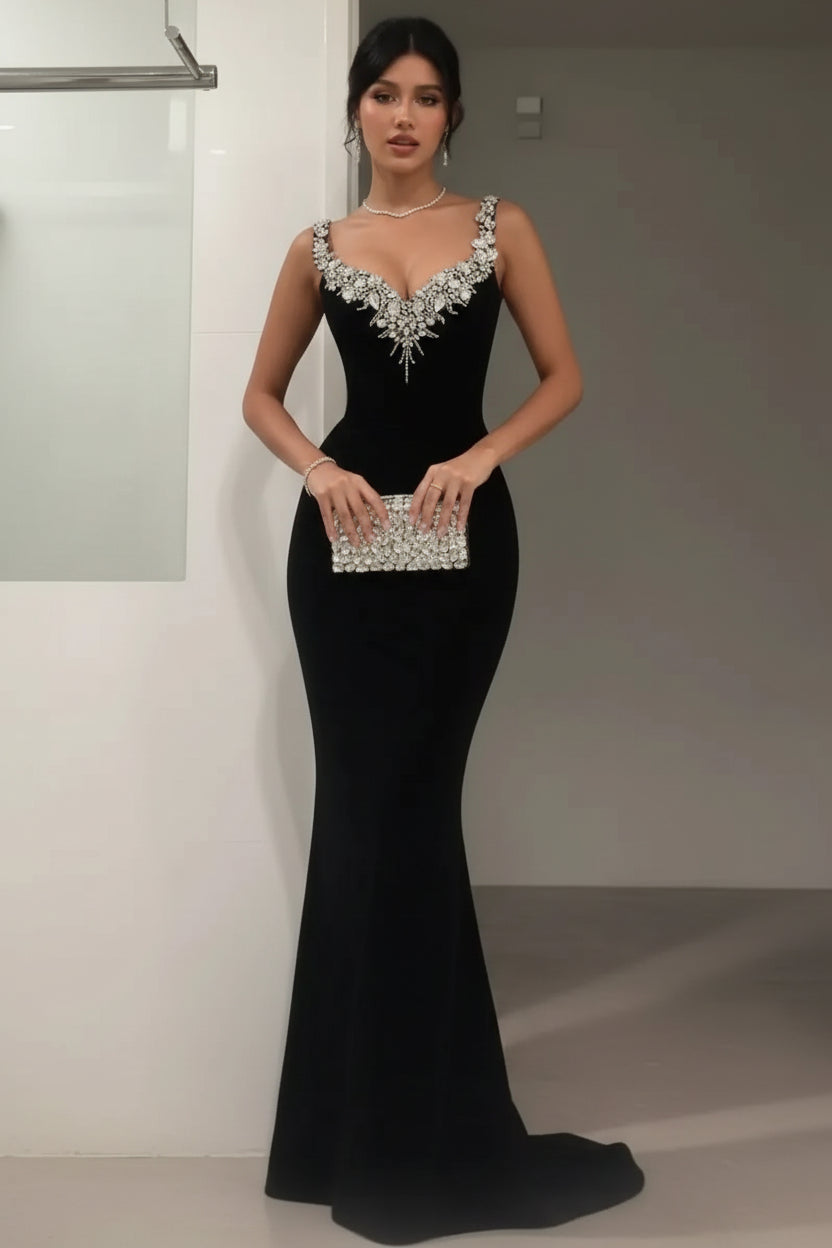 Glamorous Mermaid Plunging V-Neck Sleeveless Crystal Velvet Black Maxi Prom Dress
