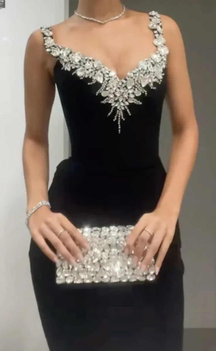 Glamorous Mermaid Plunging V-Neck Sleeveless Crystal Velvet Black Maxi Prom Dress