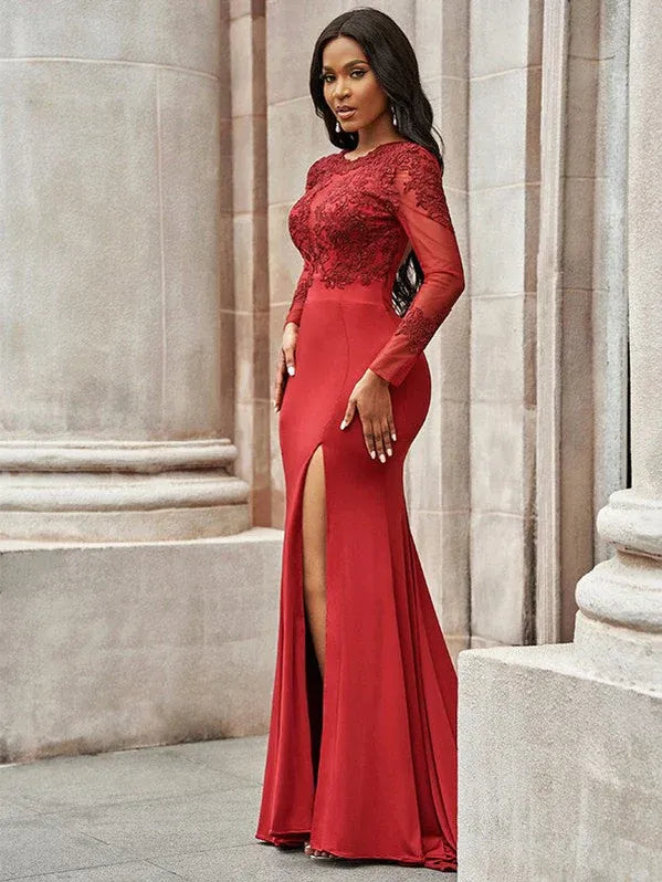 Glamorous Mermaid Round-neck Lace Red Evening Dress For Ladies Hot Sale