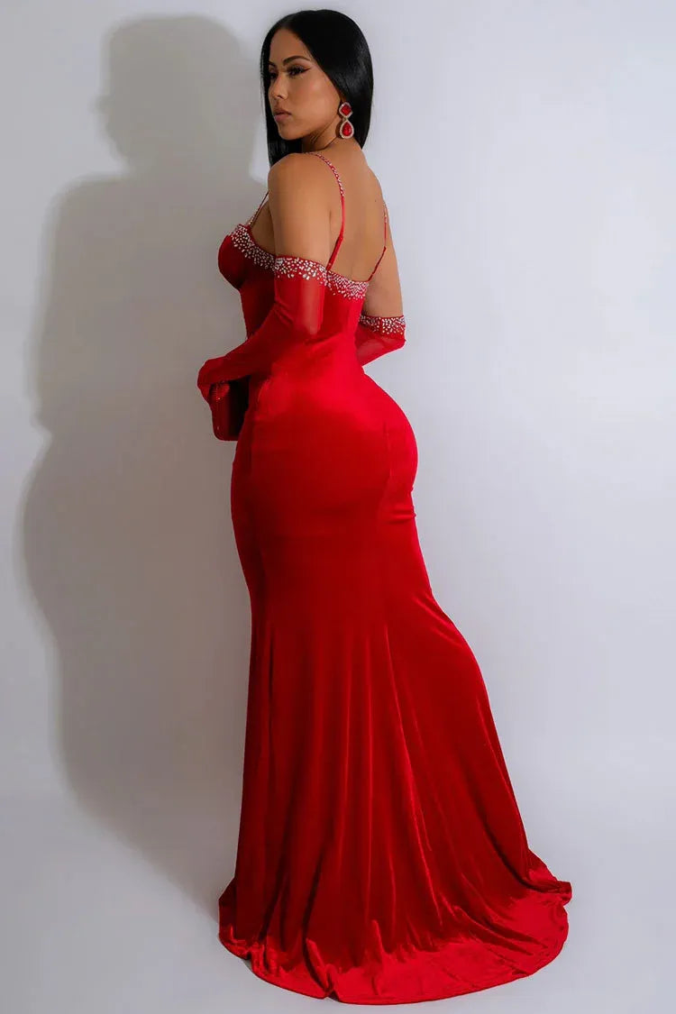 Glamorous Mermaid Spaghetti-Strap Crystal-Cutout Velvet Red Floor-Length Evening Dress for Women