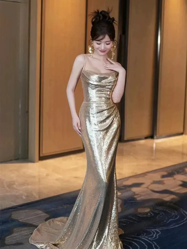 Glamorous Mermaid Spaghetti-Strap Sequin Gold Maxi Evening Dress for Women