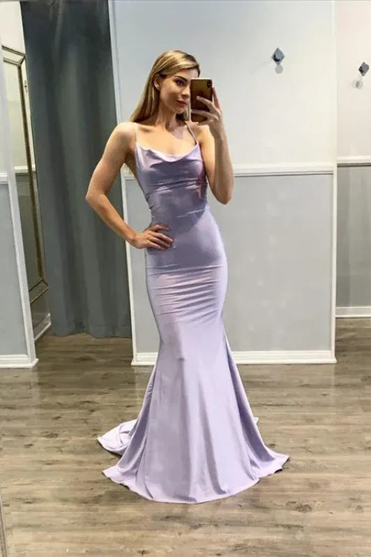 Glamorous Mermaid Cowl Neck Spaghetti Lavender Train Prom Dress Custom