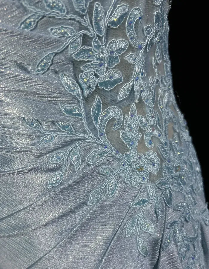Glamorous Mermaid Spaghetti Lace Ruched Sky Blue Train Prom Dress Hot Sale