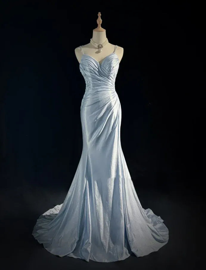 Glamorous Mermaid Spaghetti Lace Ruched Sky Blue Train Prom Dress Hot Sale