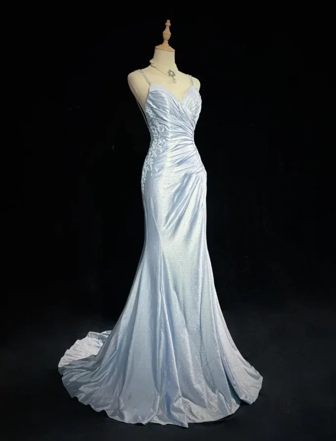 Glamorous Mermaid Spaghetti Lace Ruched Sky Blue Train Prom Dress Hot Sale