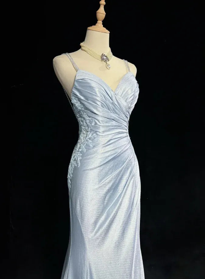 Glamorous Mermaid Spaghetti Lace Ruched Sky Blue Train Prom Dress Hot Sale