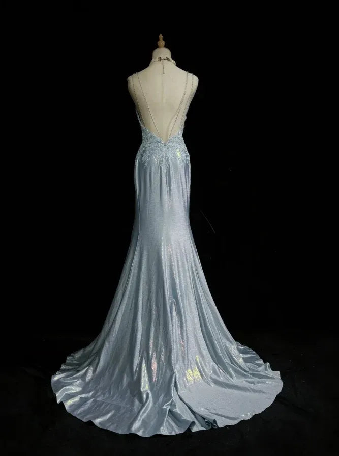 Glamorous Mermaid Spaghetti Lace Ruched Sky Blue Train Prom Dress Hot Sale