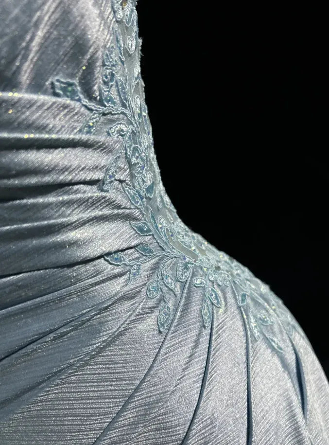 Glamorous Mermaid Spaghetti Lace Ruched Sky Blue Train Prom Dress Hot Sale
