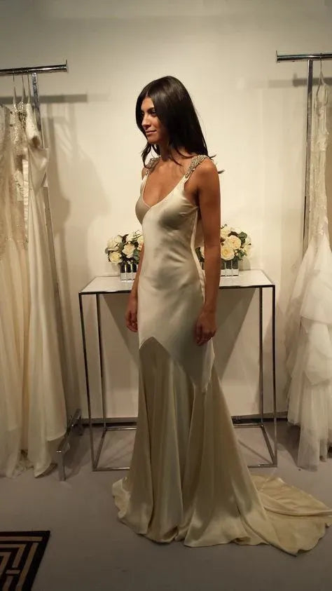 Glamorous Mermaid Spaghetti Strap Beaded Champagne Train Prom Dress Hot Sale