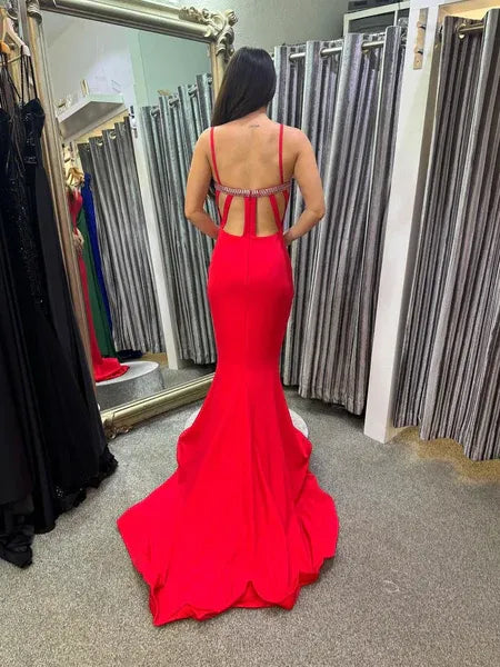Glamorous Mermaid Spaghetti Strap Beaded Red Prom Dress With Sweep Train