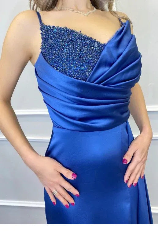 Mermaid Spaghetti Strap Beaded Satin Blue Train Prom Dress With Side Slit