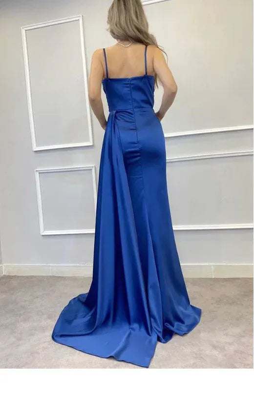 Mermaid Spaghetti Strap Beaded Satin Blue Train Prom Dress With Side Slit