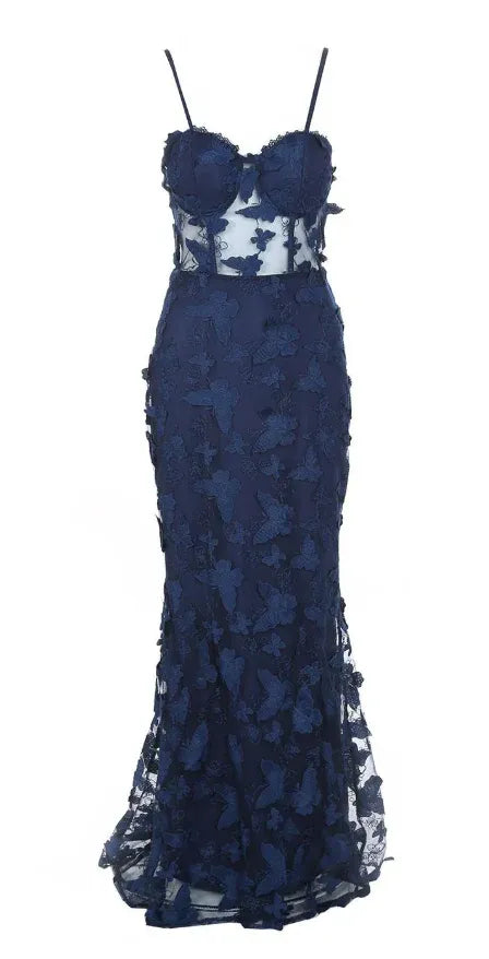 Glamorous Mermaid Spaghetti Strap Butterfly Lace Navy Floor-Length Prom Dresses