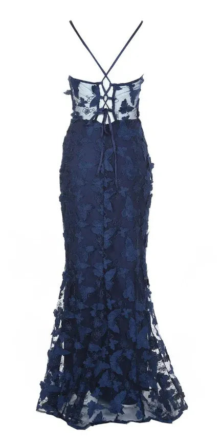 Glamorous Mermaid Spaghetti Strap Butterfly Lace Navy Floor-Length Prom Dresses