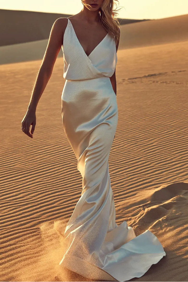 Glamorous Mermaid Spaghetti Strap Cutout Satin White Floor-Length Wedding Dresses