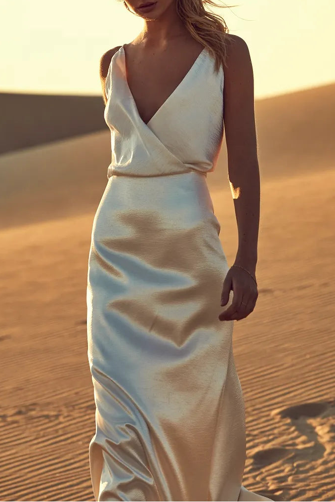 Glamorous Mermaid Spaghetti Strap Cutout Satin White Floor-Length Wedding Dresses