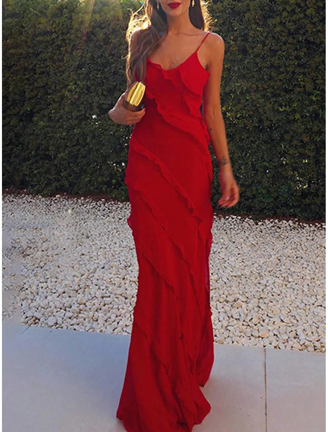 Glamorous Mermaid Spaghetti Strap Ruffle Slit Red Floor Length Prom Dress Hot Sale
