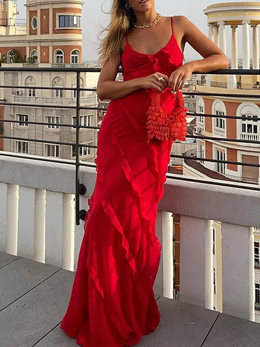 Glamorous Mermaid Spaghetti Strap Ruffle Slit Red Floor Length Prom Dress Hot Sale
