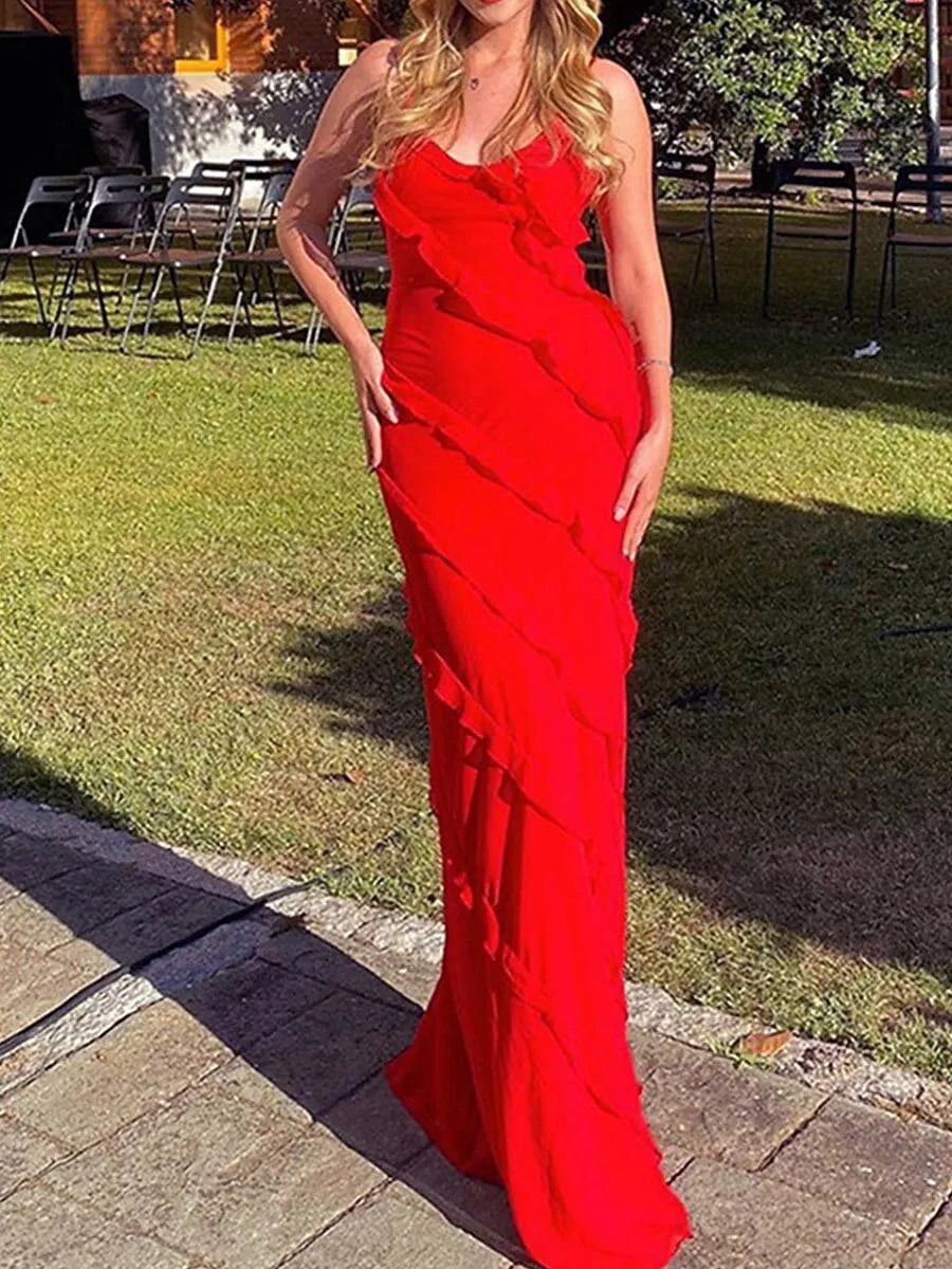 Glamorous Mermaid Spaghetti Strap Ruffle Slit Red Floor Length Prom Dress Hot Sale