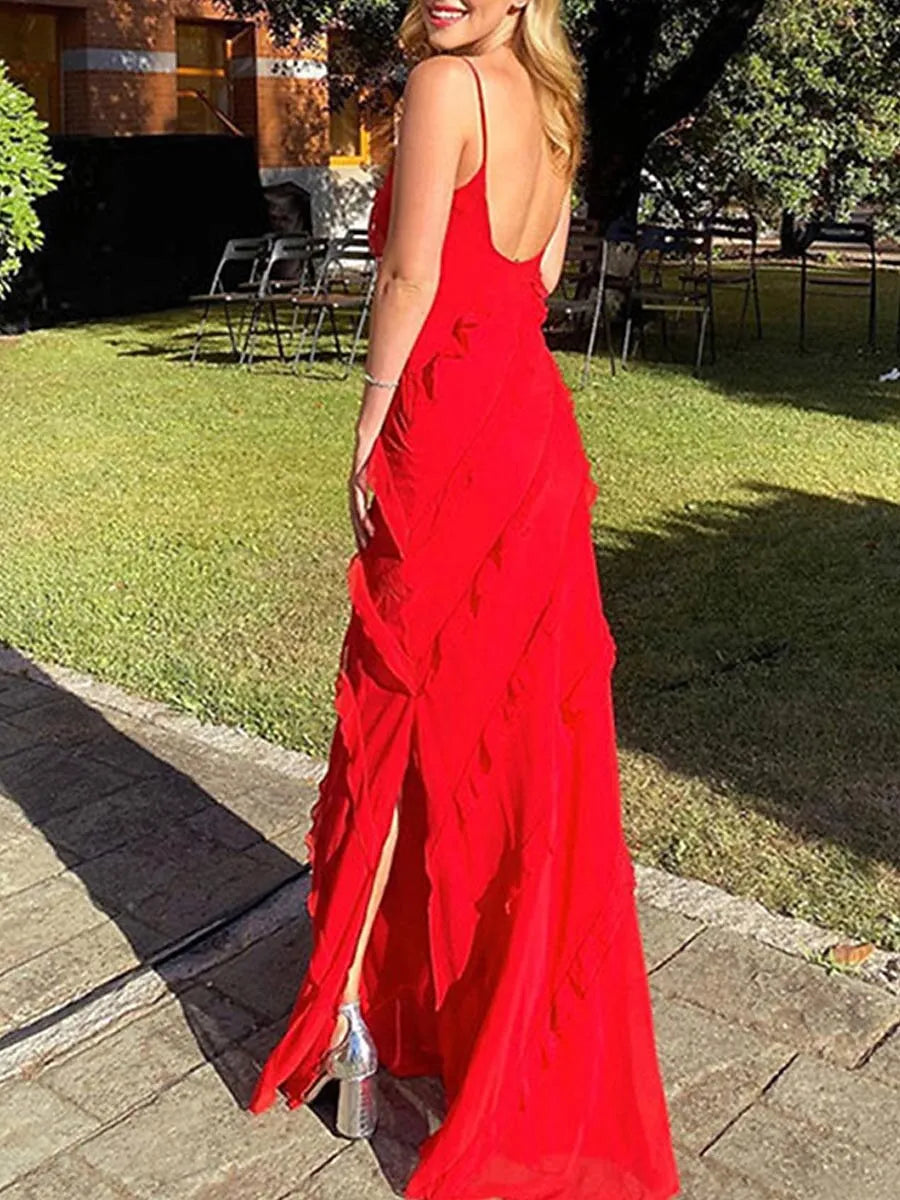 Glamorous Mermaid Spaghetti Strap Ruffle Slit Red Floor Length Prom Dress Hot Sale
