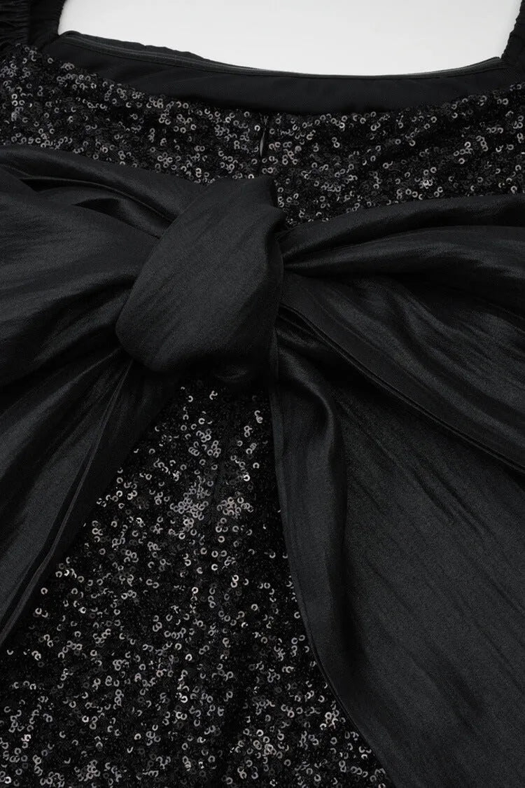 Glamorous Mermaid Square-Neck Short-Sleeve Bow-Accented Black-Sequin Maxi Prom Dress for Women Custom