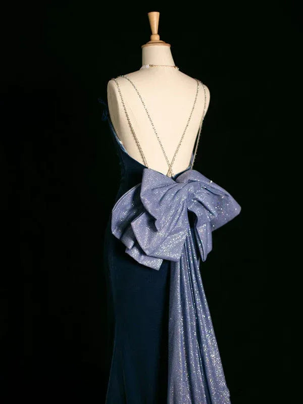 Glamorous Mermaid Square-Neck Sleeveless Bow-Accented Navy Blue Maxi Prom Dress for Women Custom