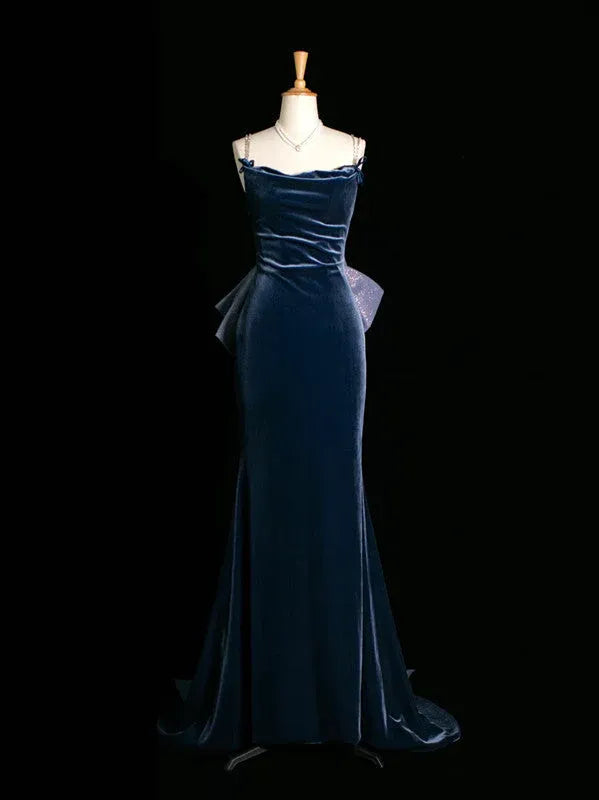 Glamorous Mermaid Square-Neck Sleeveless Bow-Accented Navy Blue Maxi Prom Dress for Women Custom