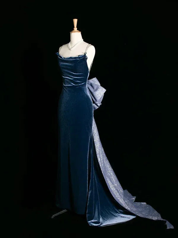 Glamorous Mermaid Square-Neck Sleeveless Bow-Accented Navy Blue Maxi Prom Dress for Women Custom