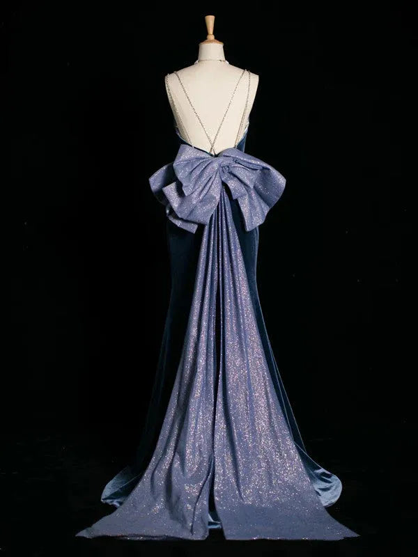 Glamorous Mermaid Square-Neck Sleeveless Bow-Accented Navy Blue Maxi Prom Dress for Women Custom