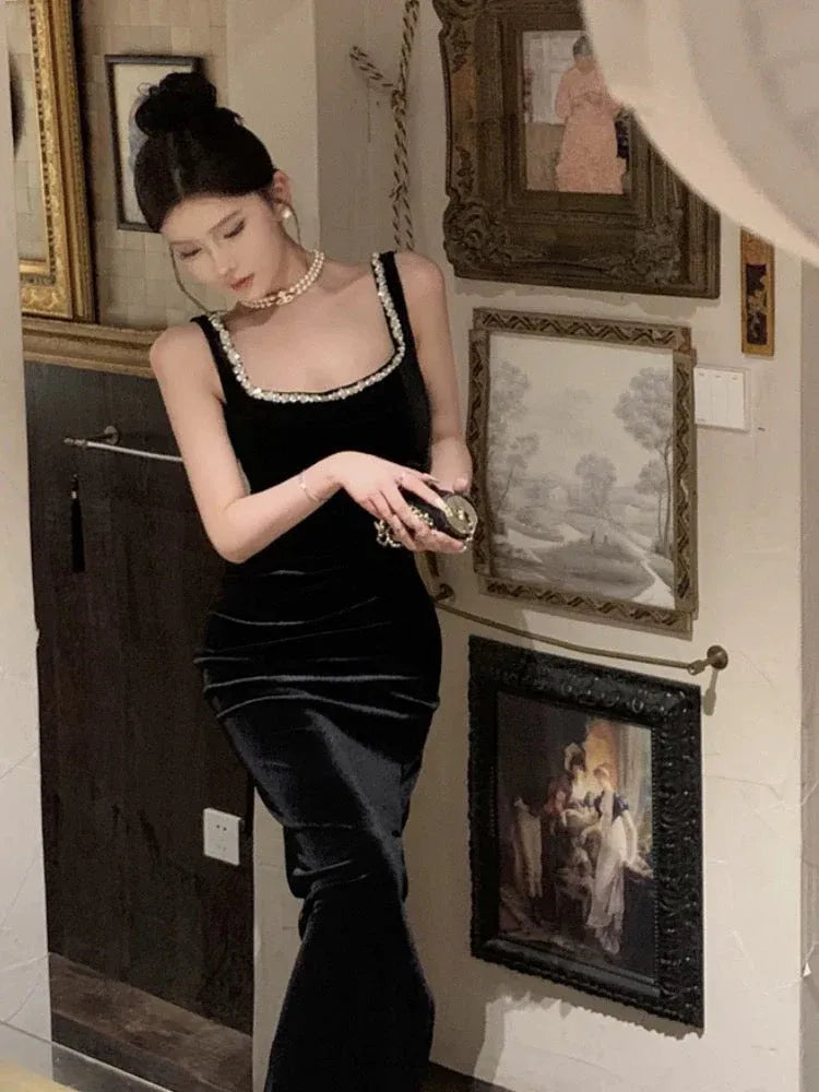 Glamorous Mermaid Square-Neck Sleeveless Crystal-Trim Black Maxi Prom Dress for Women for sale