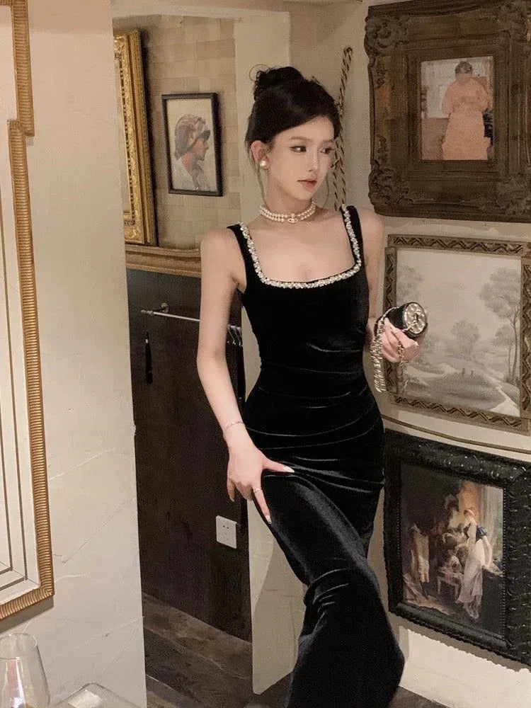 Glamorous Mermaid Square-Neck Sleeveless Crystal-Trim Black Maxi Prom Dress for Women for sale