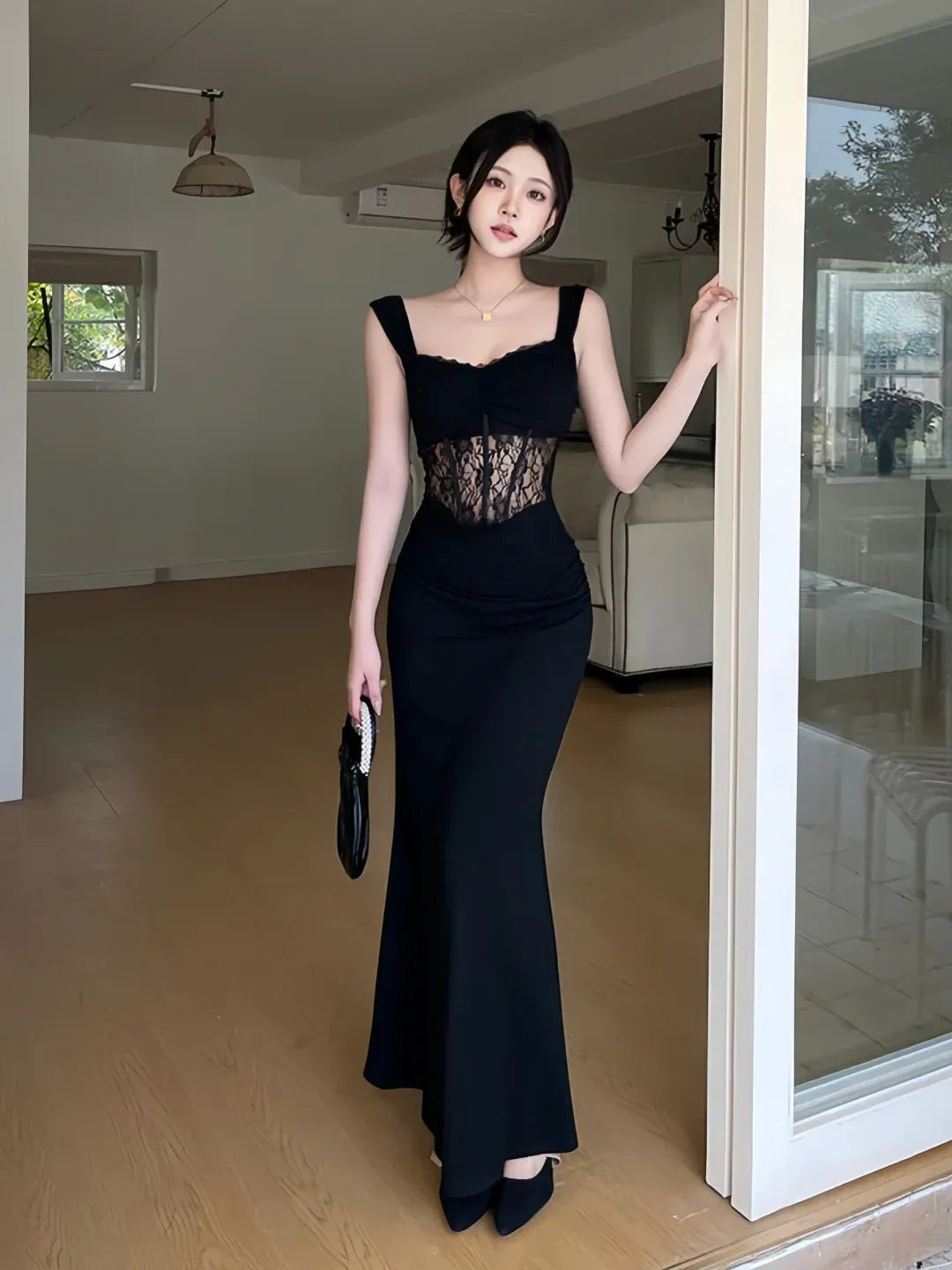 Glamorous Mermaid Square-Neck Sleeveless Lace-Panel Black Maxi Prom Dress for Women ready to ship