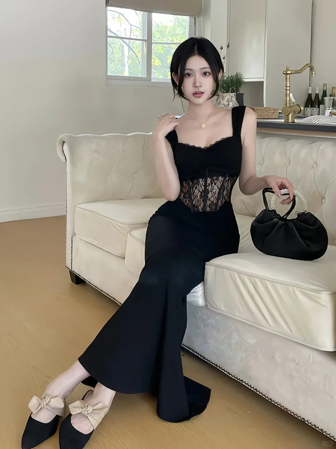 Glamorous Mermaid Square-Neck Sleeveless Lace-Panel Black Maxi Prom Dress for Women ready to ship