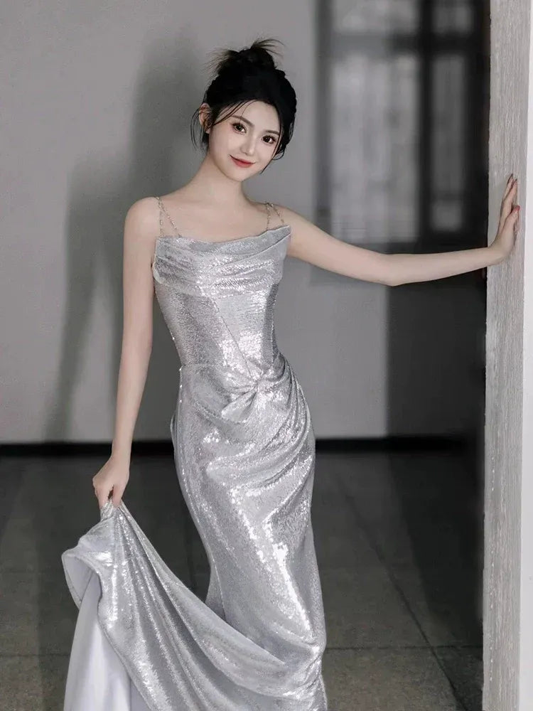 Glamorous Mermaid Square Neck Sleeveless Chain-Strap Sequin Silver Maxi Evening Dress for Women