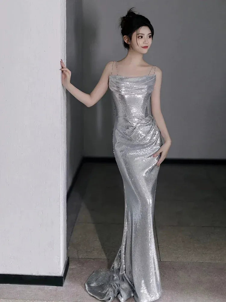 Glamorous Mermaid Square Neck Sleeveless Chain-Strap Sequin Silver Maxi Evening Dress for Women