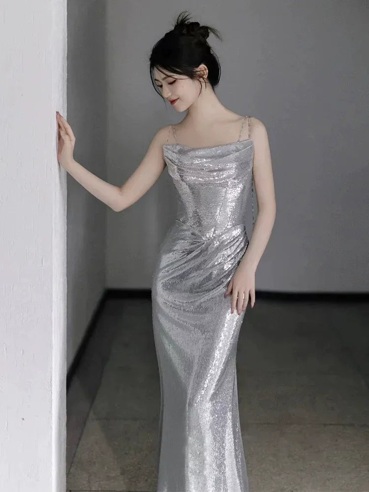 Glamorous Mermaid Square Neck Sleeveless Chain-Strap Sequin Silver Maxi Evening Dress for Women