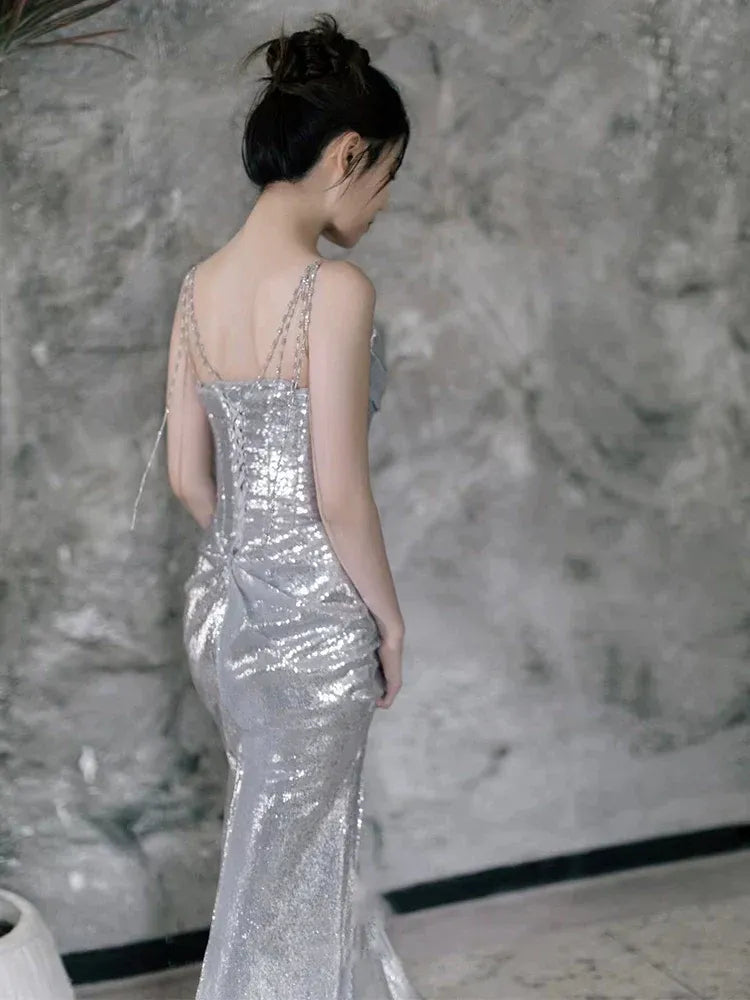 Glamorous Mermaid Square Neck Sleeveless Chain-Strap Sequin Silver Maxi Evening Dress for Women