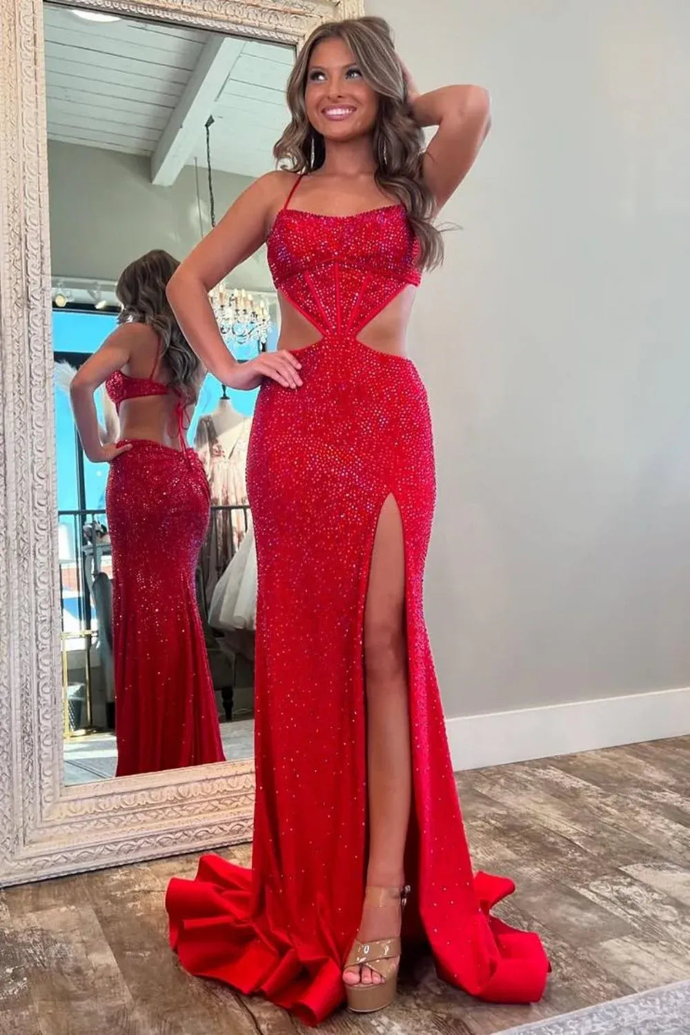 Glamorous Mermaid Square Neck Sleeveless Crystal-Embellished Red Floor-Length Evening Dress For Women