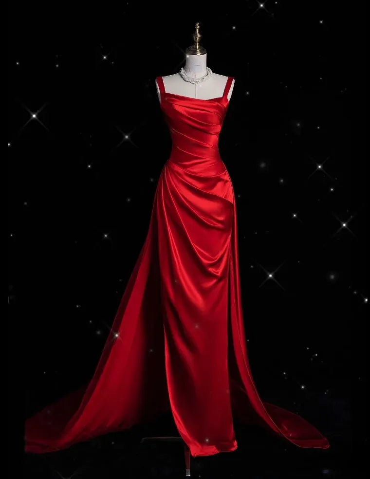 Glamorous Mermaid Square Neck Sleeveless Ruched Red Floor-Length Prom Dress For Women Hot Sale