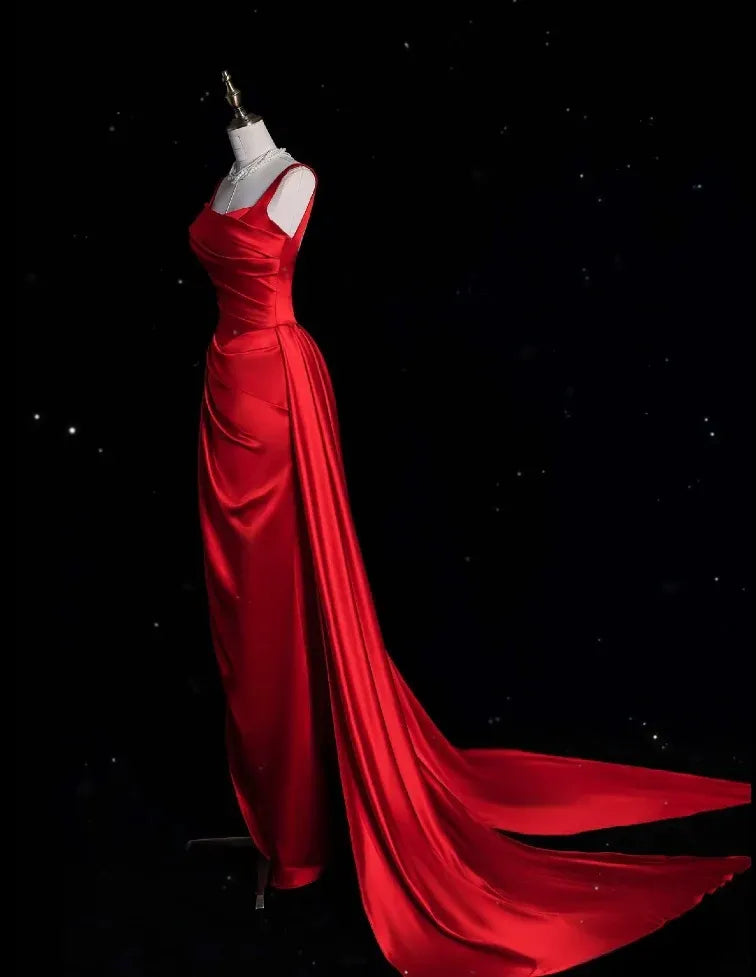 Glamorous Mermaid Square Neck Sleeveless Ruched Red Floor-Length Prom Dress For Women Hot Sale