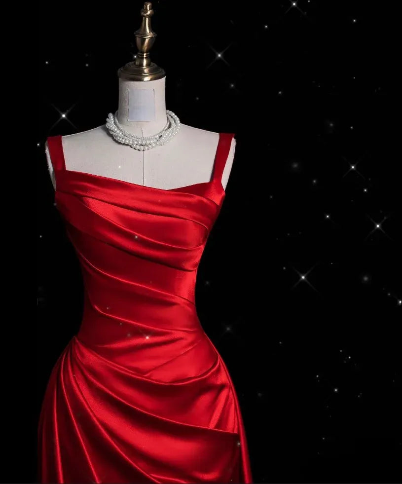 Glamorous Mermaid Square Neck Sleeveless Ruched Red Floor-Length Prom Dress For Women Hot Sale
