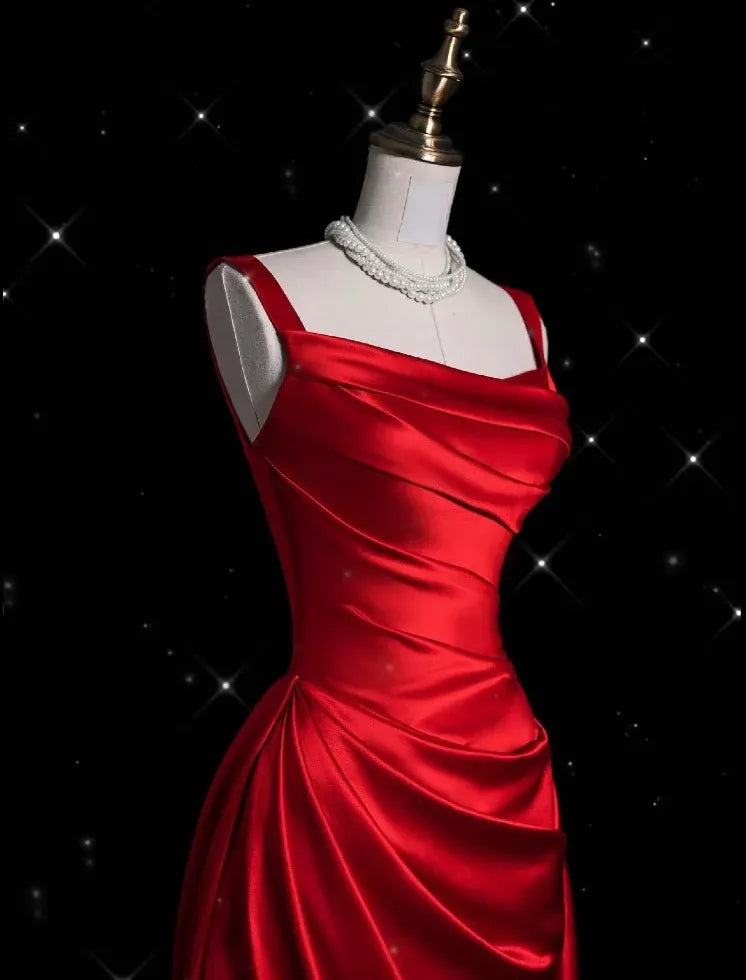 Glamorous Mermaid Square Neck Sleeveless Ruched Red Floor-Length Prom Dress For Women Hot Sale