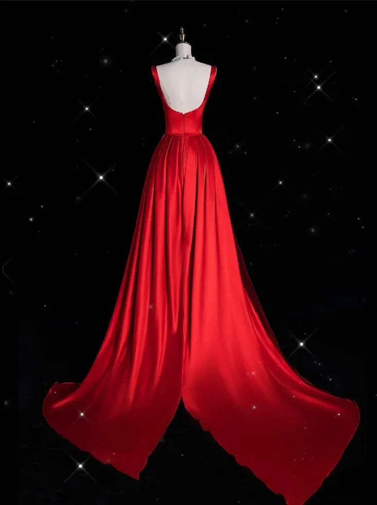 Glamorous Mermaid Square Neck Sleeveless Ruched Red Floor-Length Prom Dress For Women Hot Sale