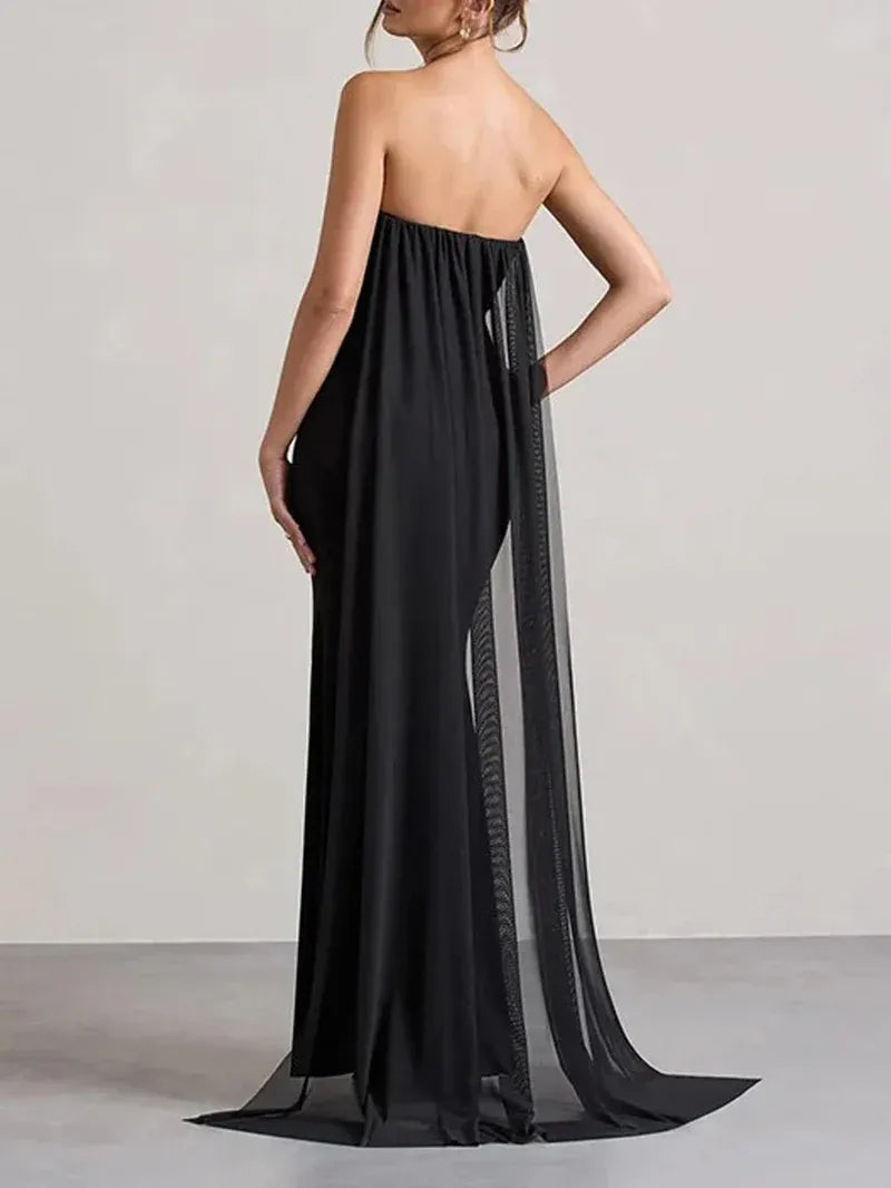 Glamorous Mermaid Strapless 3D Flower Black Floor-Length Prom Dress With Cape