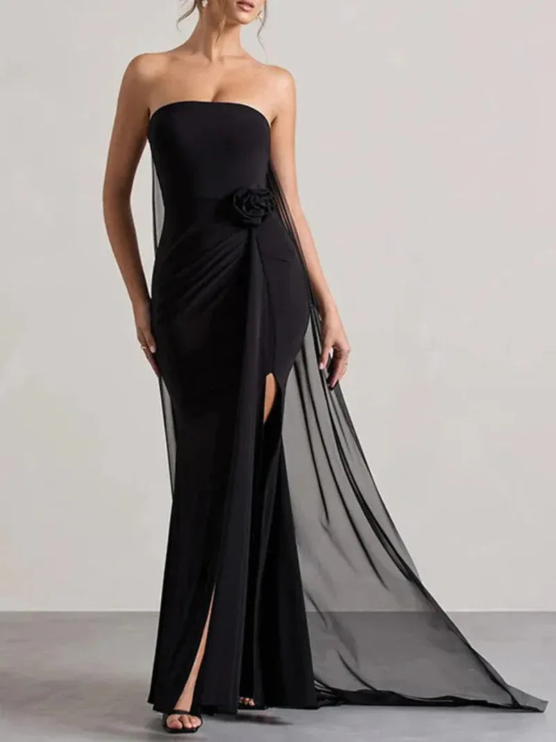 Glamorous Mermaid Strapless 3D Flower Black Floor-Length Prom Dress With Cape