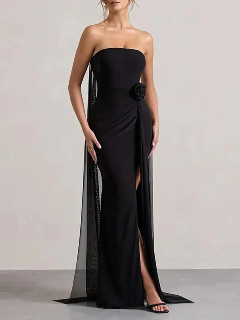 Glamorous Mermaid Strapless 3D Flower Black Floor-Length Prom Dress With Cape