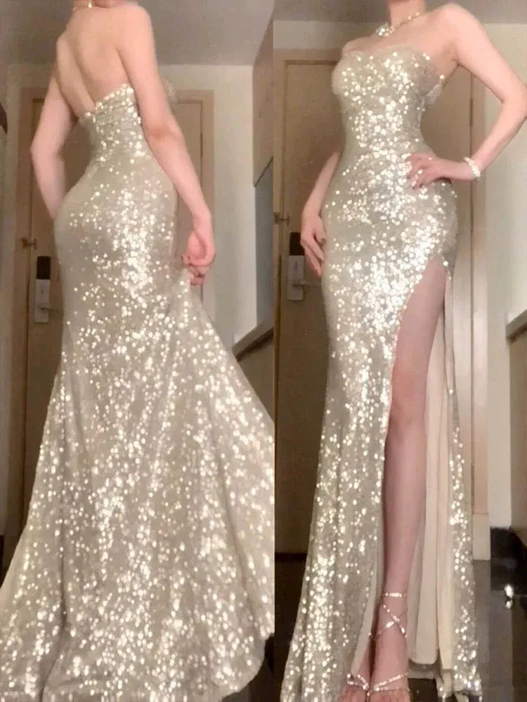 Glamorous Mermaid Strapless All-Over Sequin Champagne Maxi Evening Dress for Women