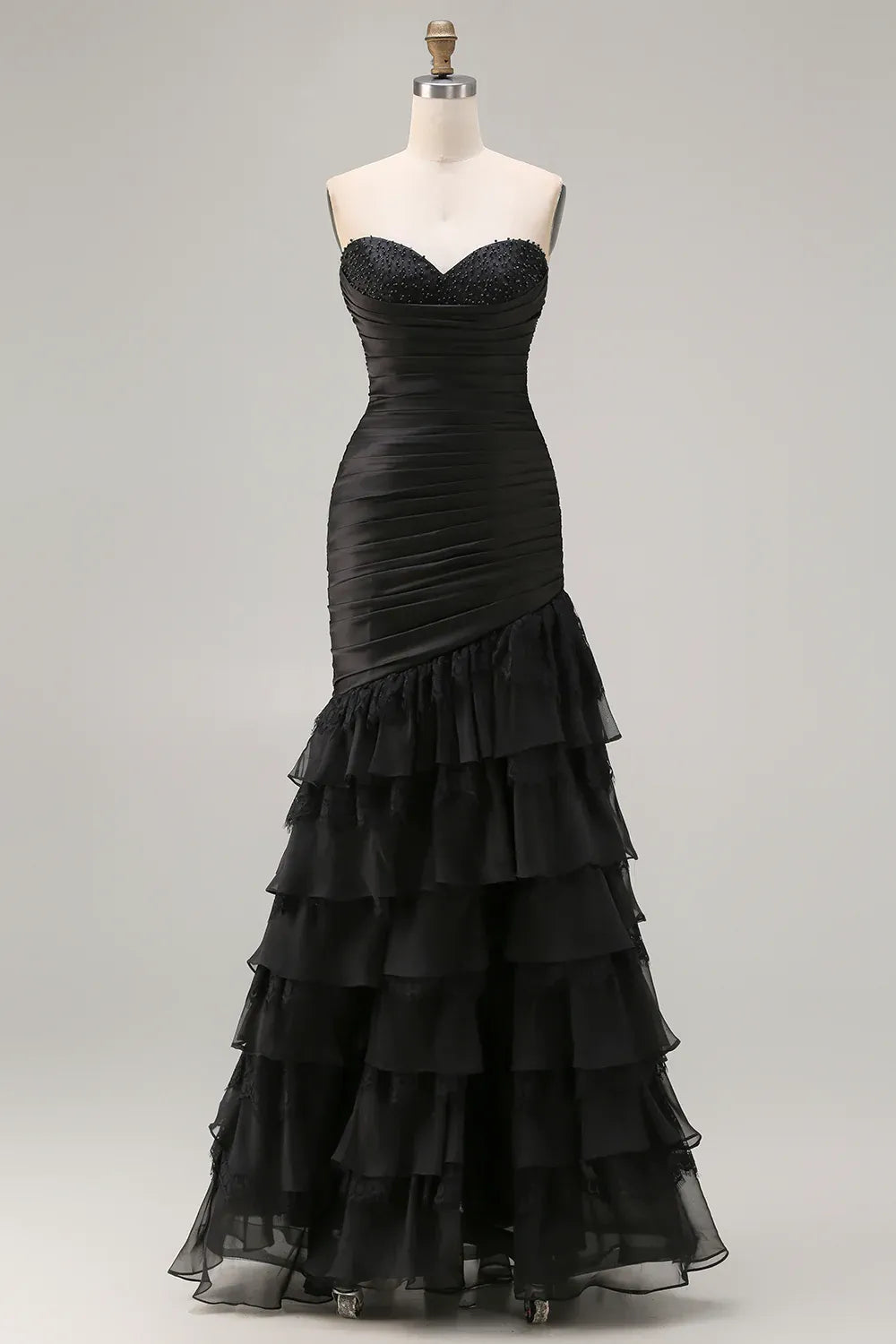 Glamorous Mermaid Strapless Beaded Ruched Tiered Ruffle Black Maxi Prom Dress