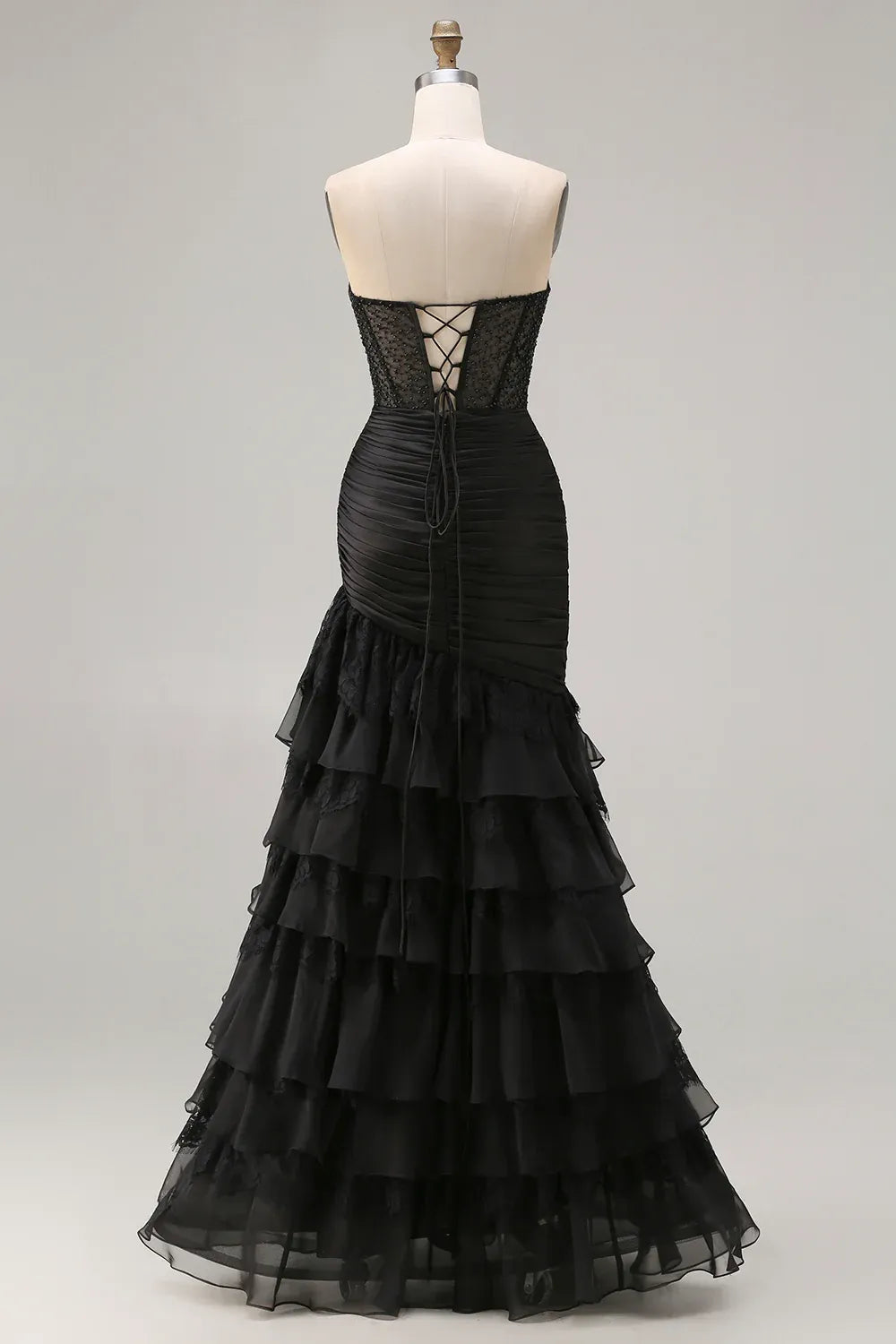 Glamorous Mermaid Strapless Beaded Ruched Tiered Ruffle Black Maxi Prom Dress