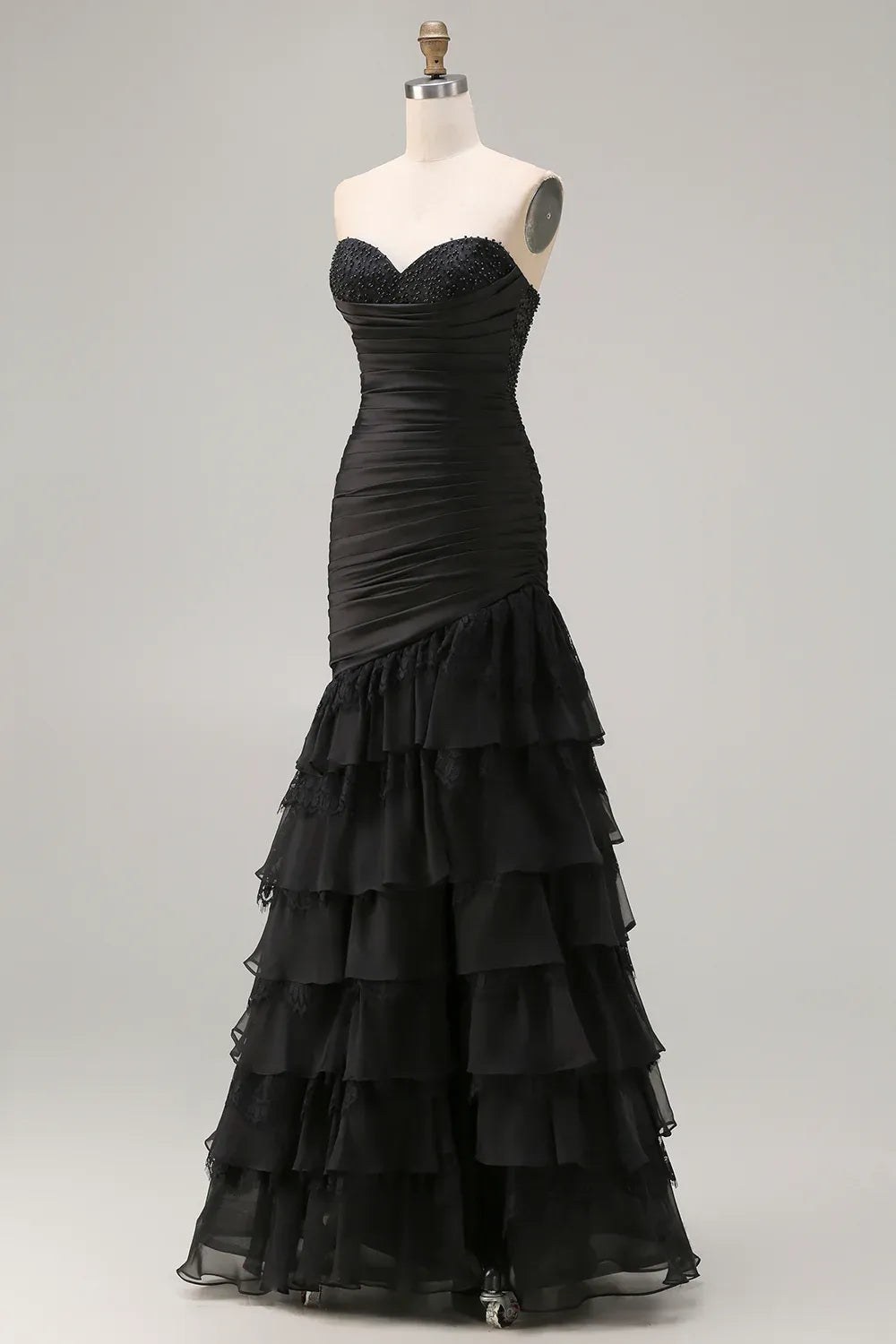 Glamorous Mermaid Strapless Beaded Ruched Tiered Ruffle Black Maxi Prom Dress